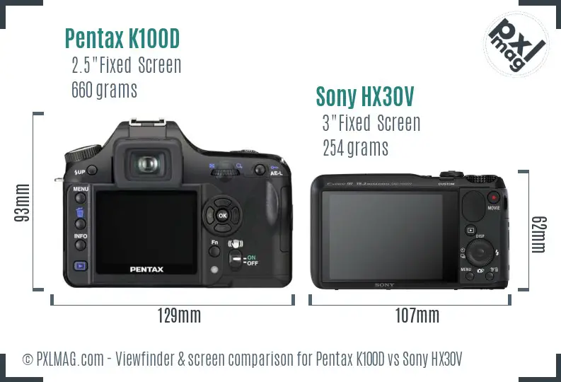 Pentax K100D vs Sony HX30V Screen and Viewfinder comparison