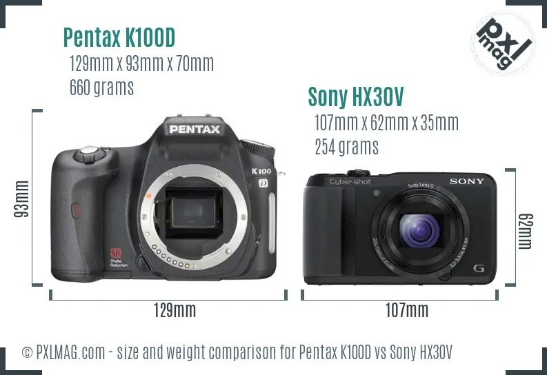 Pentax K100D vs Sony HX30V size comparison