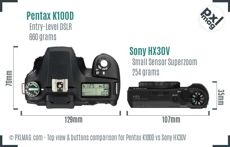 Pentax K100D vs Sony HX30V top view buttons comparison