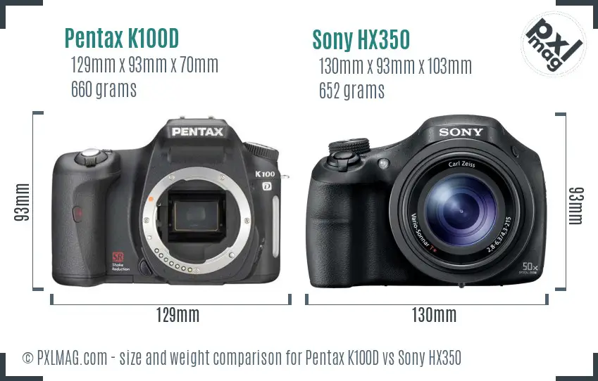 Pentax K100D vs Sony HX350 size comparison