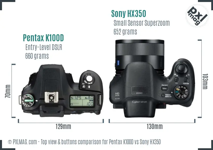 Pentax K100D vs Sony HX350 top view buttons comparison