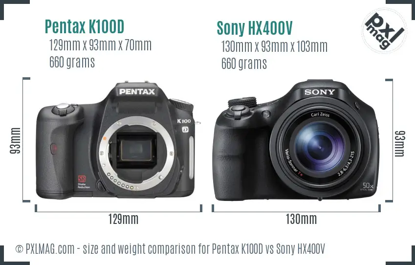 Pentax K100D vs Sony HX400V size comparison Pentax K100D vs Sony HX400V size comparison