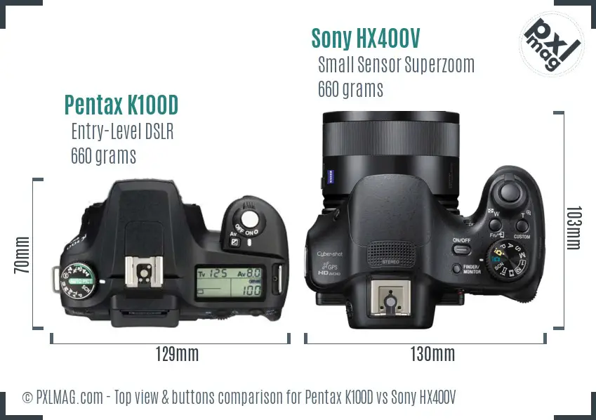 Pentax K100D vs Sony HX400V top view buttons comparison Pentax K100D vs Sony HX400V top view buttons comparison