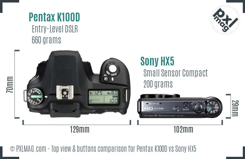 Pentax K100D vs Sony HX5 top view buttons comparison Pentax K100D vs Sony HX5 top view buttons comparison