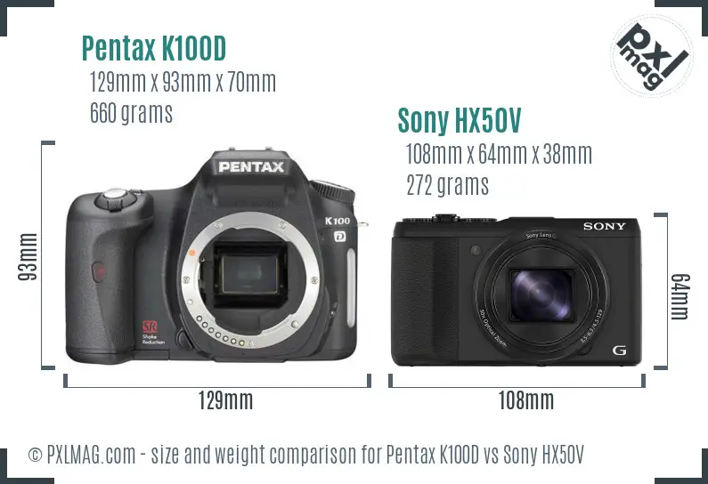 Pentax K100D vs Sony HX50V size comparison