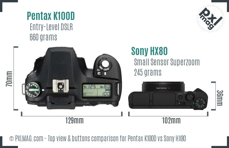 Pentax K100D vs Sony HX80 top view buttons comparison Pentax K100D vs Sony HX80 top view buttons comparison