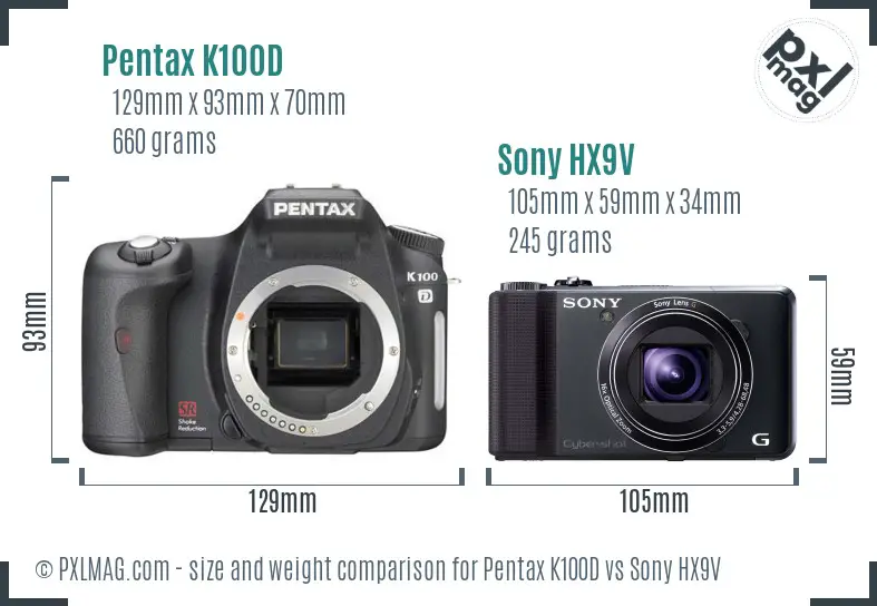 Pentax K100D vs Sony HX9V size comparison