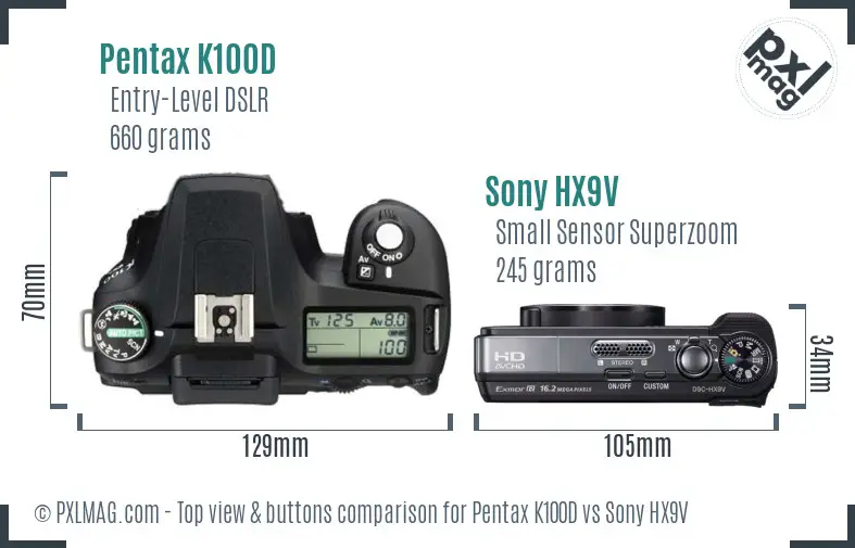 Pentax K100D vs Sony HX9V top view buttons comparison