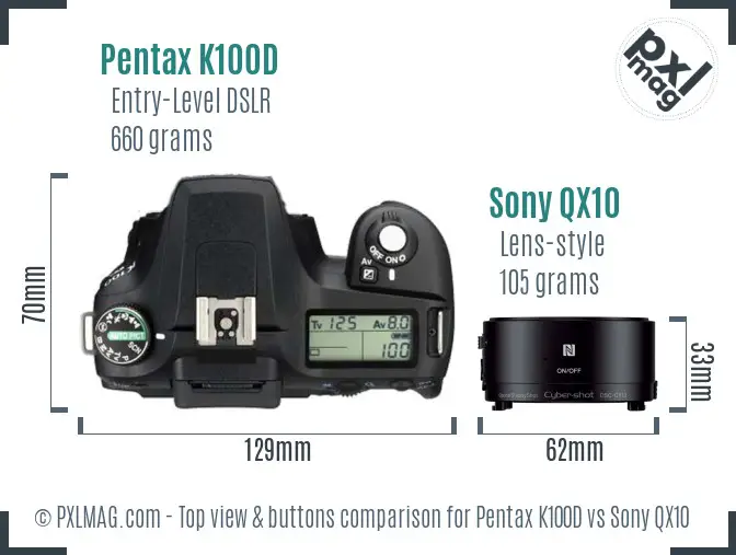 Pentax K100D vs Sony QX10 top view buttons comparison