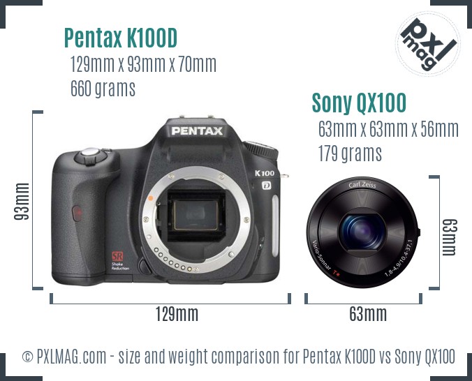 Pentax K100D vs Sony QX100 size comparison