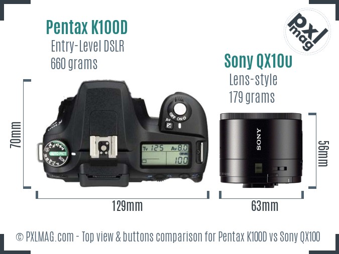 Pentax K100D vs Sony QX100 top view buttons comparison