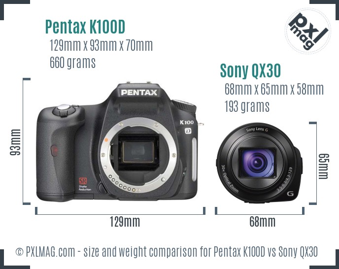 Pentax K100D vs Sony QX30 size comparison