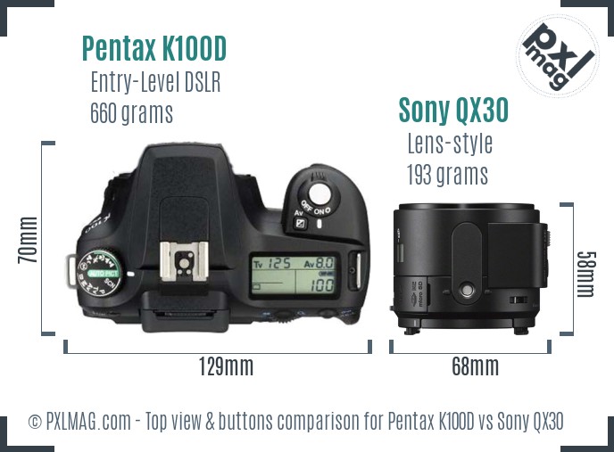 Pentax K100D vs Sony QX30 top view buttons comparison