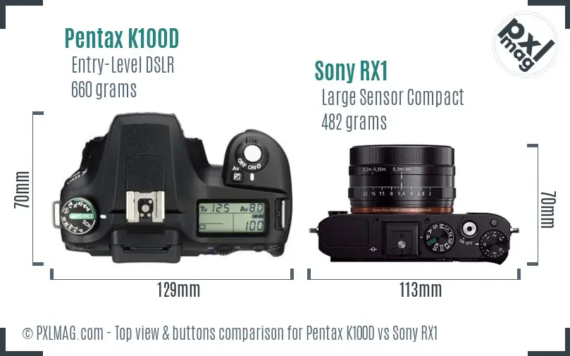 Pentax K100D vs Sony RX1 top view buttons comparison