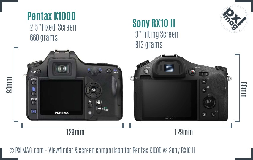 Pentax K100D vs Sony RX10 II Screen and Viewfinder comparison
