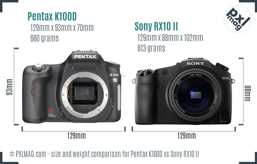 Pentax K100D vs Sony RX10 II size comparison