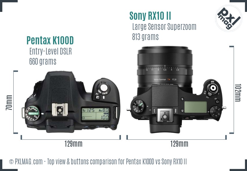 Pentax K100D vs Sony RX10 II top view buttons comparison