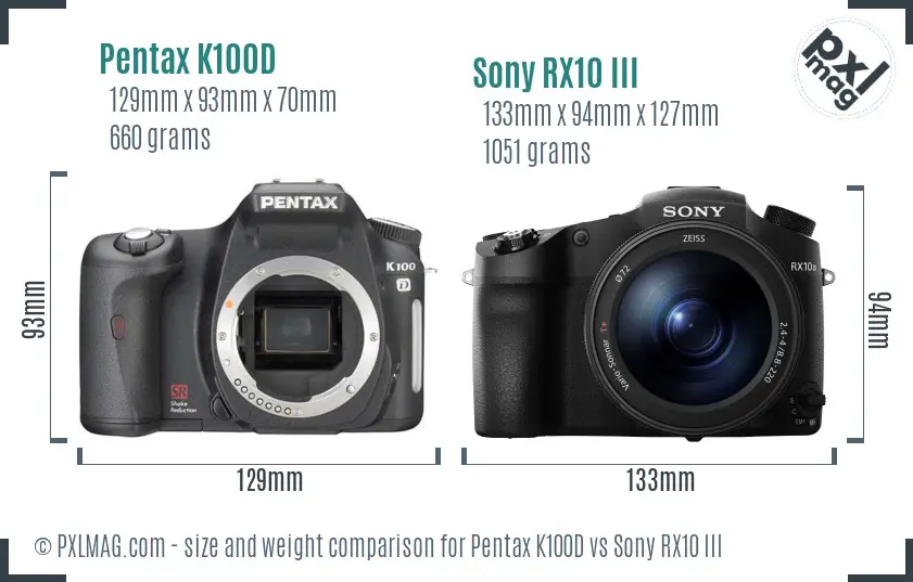 Pentax K100D vs Sony RX10 III size comparison