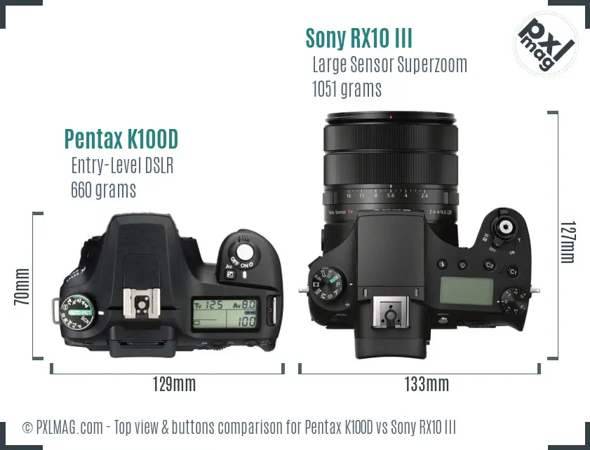 Pentax K100D vs Sony RX10 III top view buttons comparison