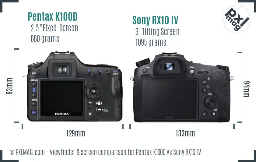 Pentax K100D vs Sony RX10 IV Screen and Viewfinder comparison