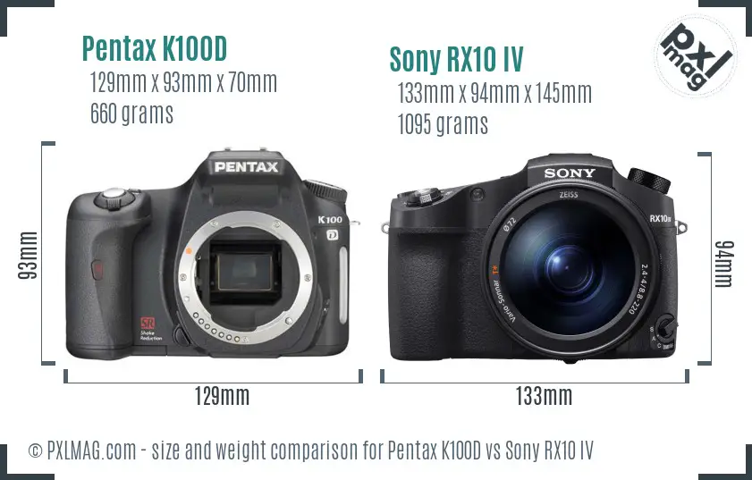 Pentax K100D vs Sony RX10 IV size comparison