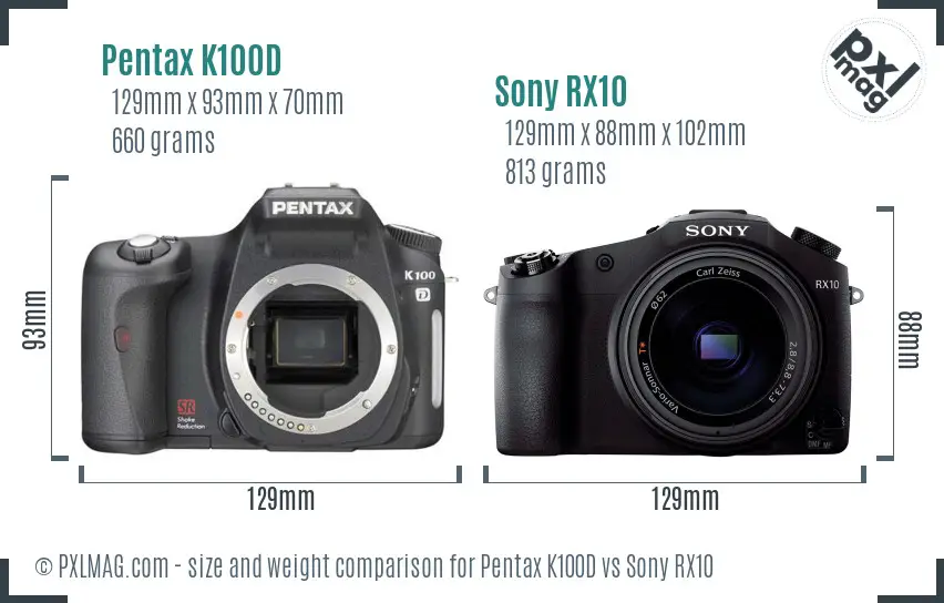 Pentax K100D vs Sony RX10 size comparison