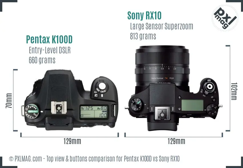 Pentax K100D vs Sony RX10 top view buttons comparison