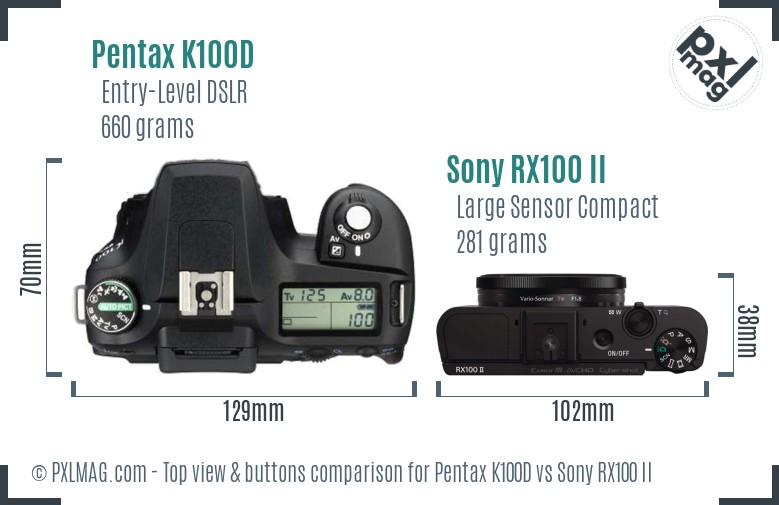 Pentax K100D vs Sony RX100 II top view buttons comparison