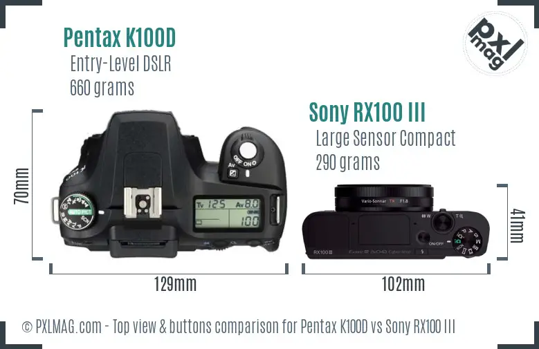 Pentax K100D vs Sony RX100 III top view buttons comparison Pentax K100D vs Sony RX100 III top view buttons comparison