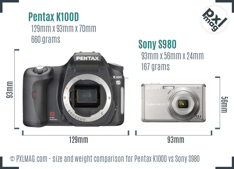 Pentax K100D vs Sony S980 size comparison