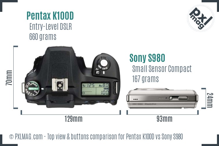 Pentax K100D vs Sony S980 top view buttons comparison