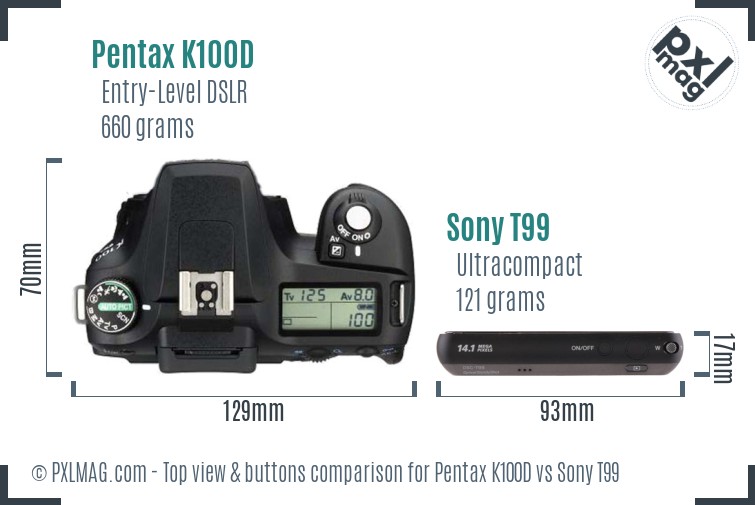 Pentax K100D vs Sony T99 top view buttons comparison