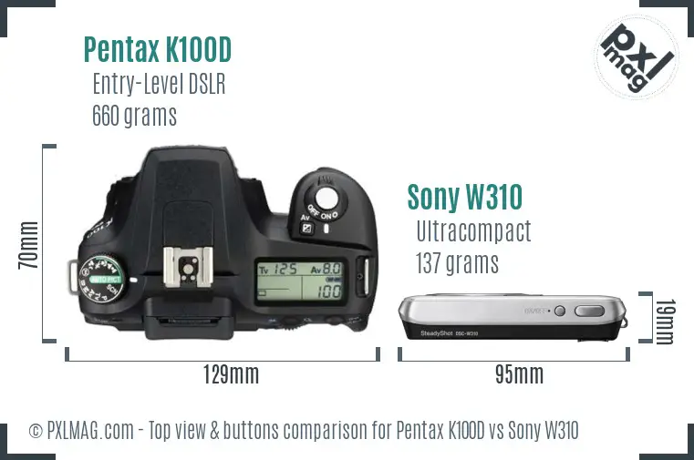 Pentax K100D vs Sony W310 top view buttons comparison Pentax K100D vs Sony W310 top view buttons comparison