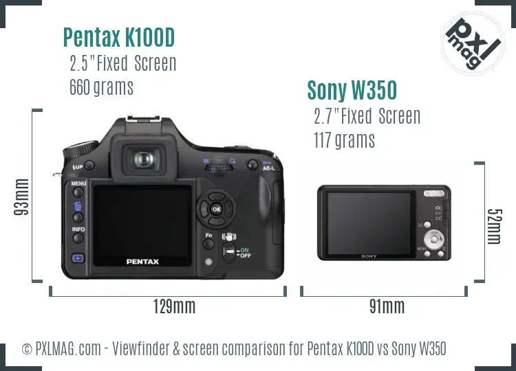 Pentax K100D vs Sony W350 Screen and Viewfinder comparison