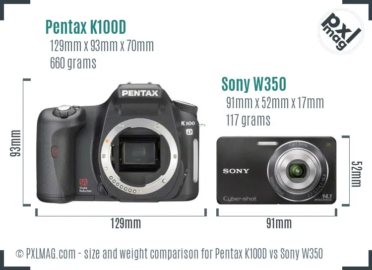 Pentax K100D vs Sony W350 size comparison