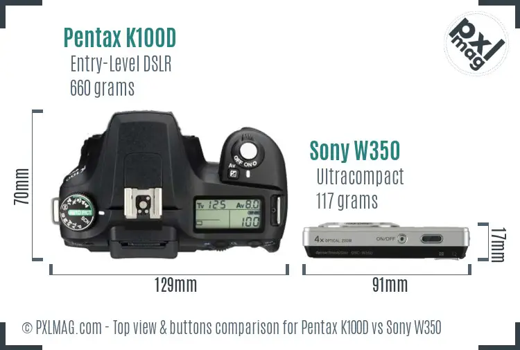Pentax K100D vs Sony W350 top view buttons comparison