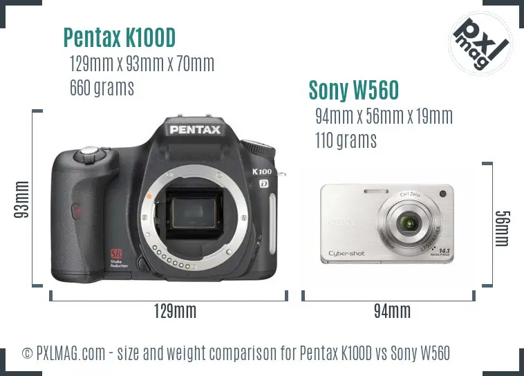 Pentax K100D vs Sony W560 size comparison