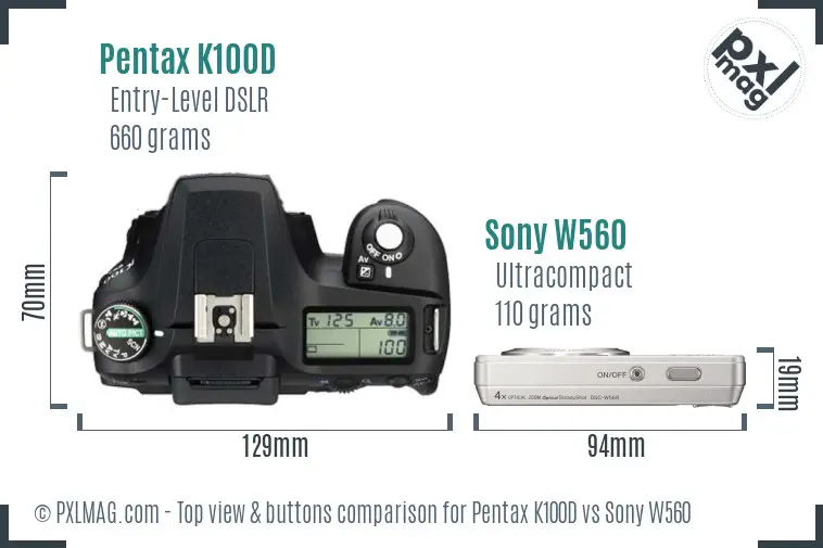 Pentax K100D vs Sony W560 top view buttons comparison