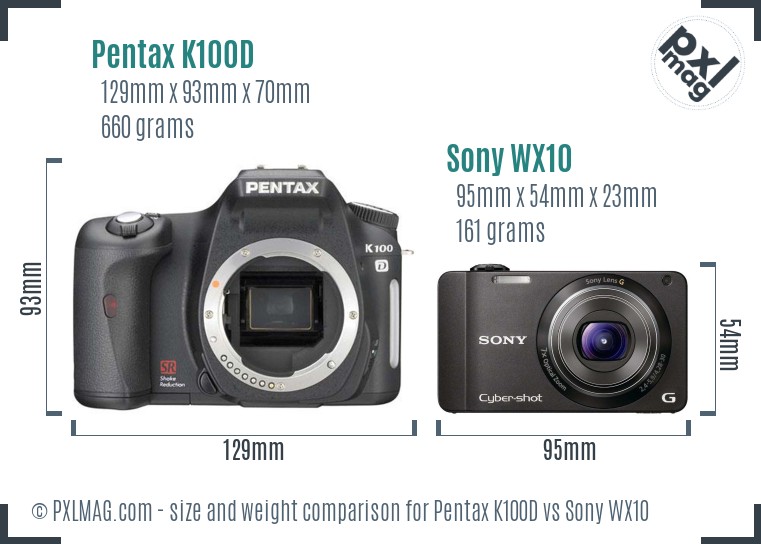 Pentax K100D vs Sony WX10 size comparison Pentax K100D vs Sony WX10 size comparison