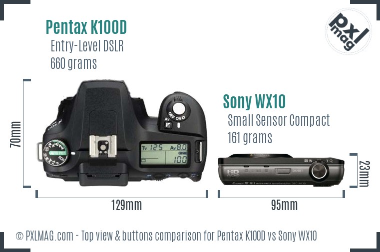 Pentax K100D vs Sony WX10 top view buttons comparison