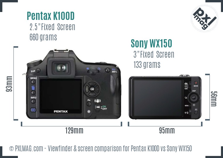 Pentax K100D vs Sony WX150 Screen and Viewfinder comparison