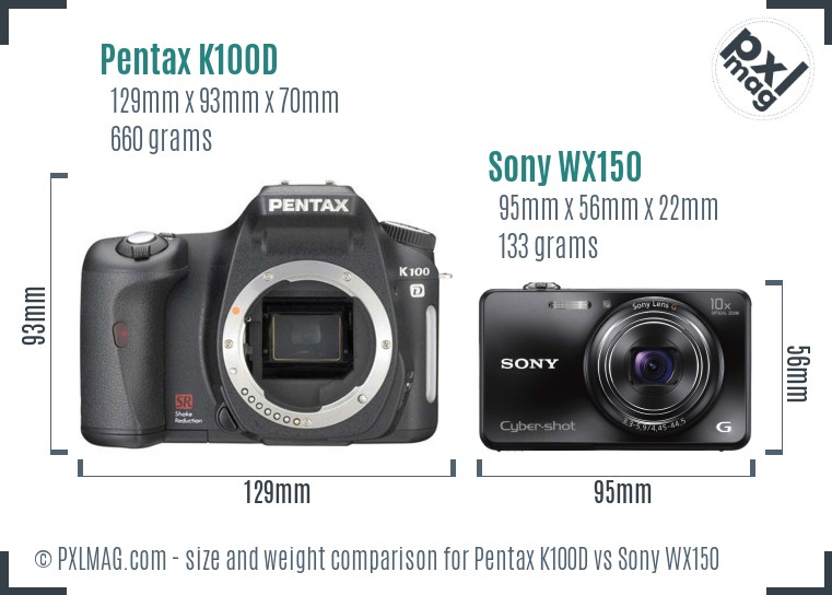 Pentax K100D vs Sony WX150 size comparison