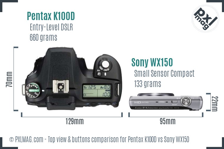 Pentax K100D vs Sony WX150 top view buttons comparison