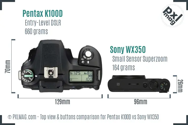 Pentax K100D vs Sony WX350 top view buttons comparison