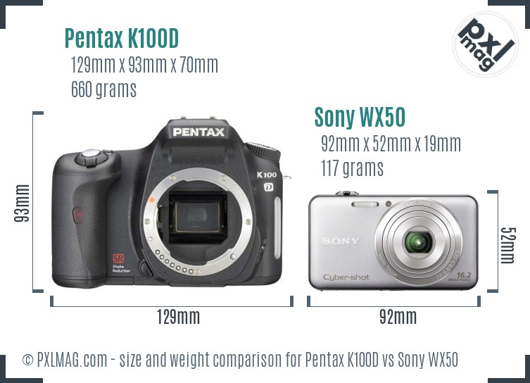 Pentax K100D vs Sony WX50 size comparison Pentax K100D vs Sony WX50 size comparison