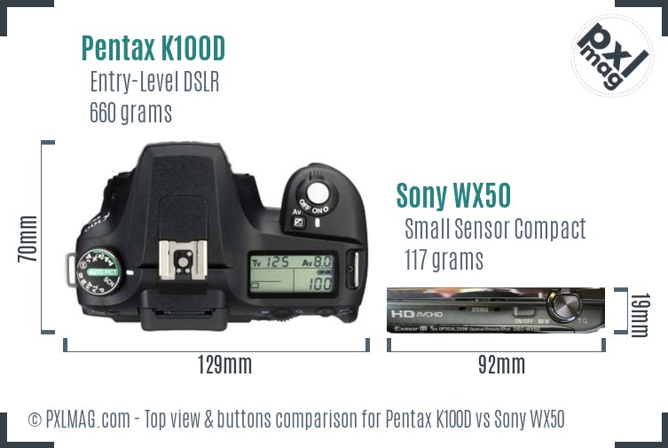 Pentax K100D vs Sony WX50 top view buttons comparison
