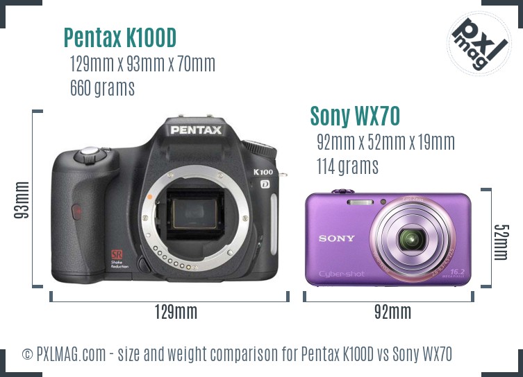 Pentax K100D vs Sony WX70 size comparison