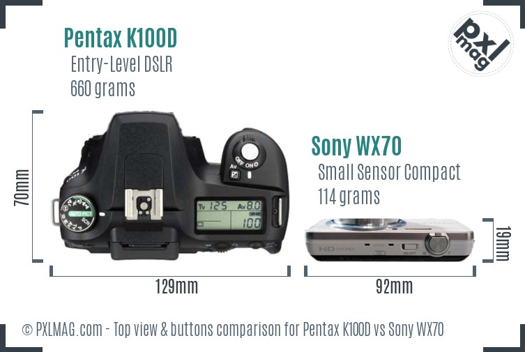 Pentax K100D vs Sony WX70 top view buttons comparison