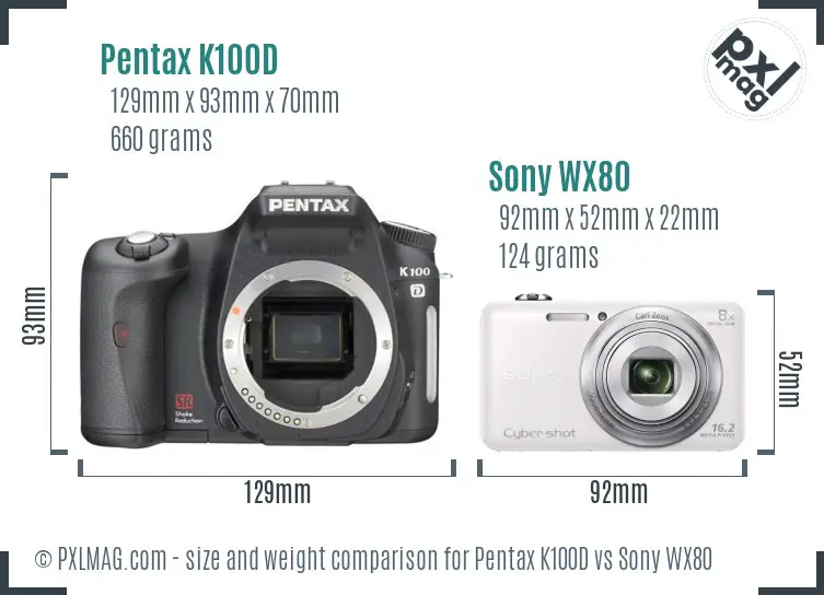 Pentax K100D vs Sony WX80 size comparison