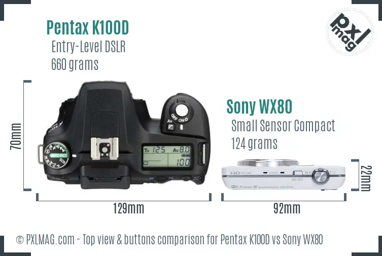 Pentax K100D vs Sony WX80 top view buttons comparison